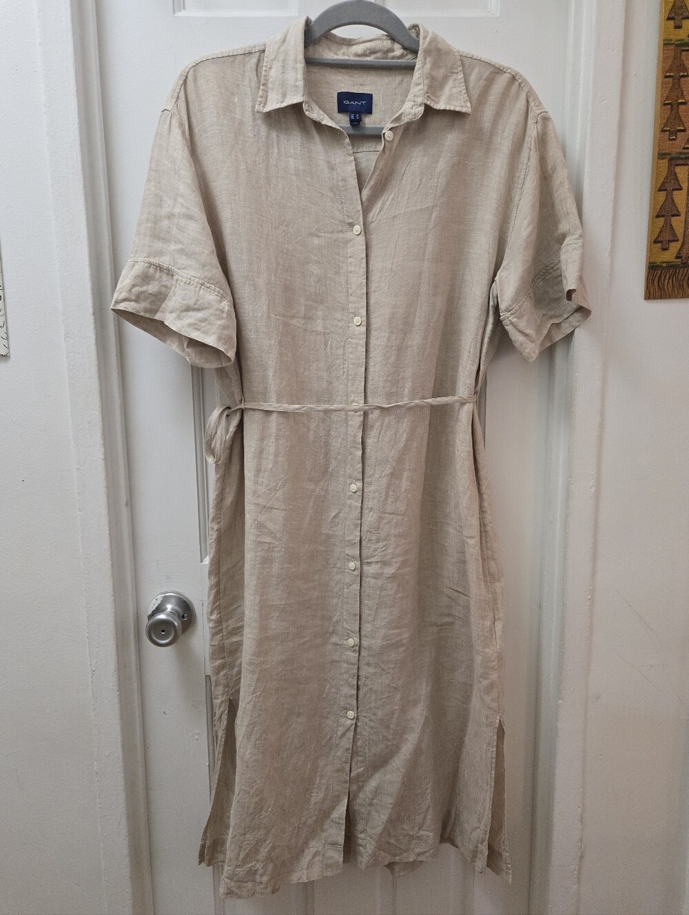 GANT 100% Linen Beige Belted Shirt Dress Midi Button Front Small 4 Coastal